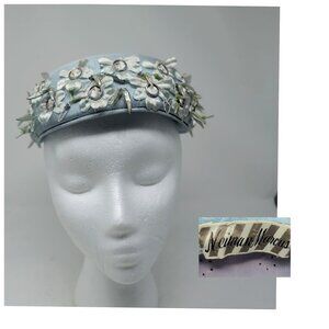Vintage Neiman Marcus Pill Box Hat Blue Floral